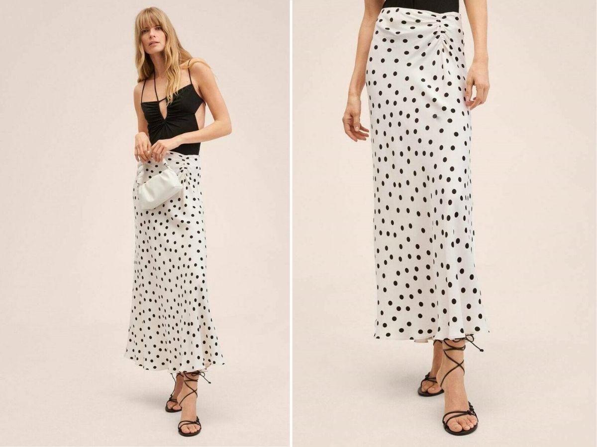 Long skirts for summer 2022: skirt with polka dots, Mango