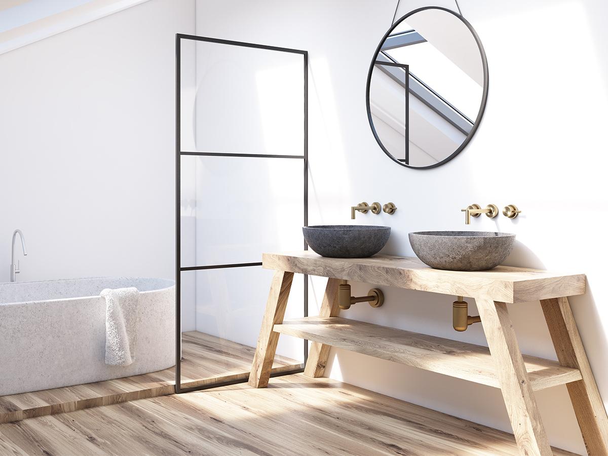 łazienka w loftowym stylu z drewnem