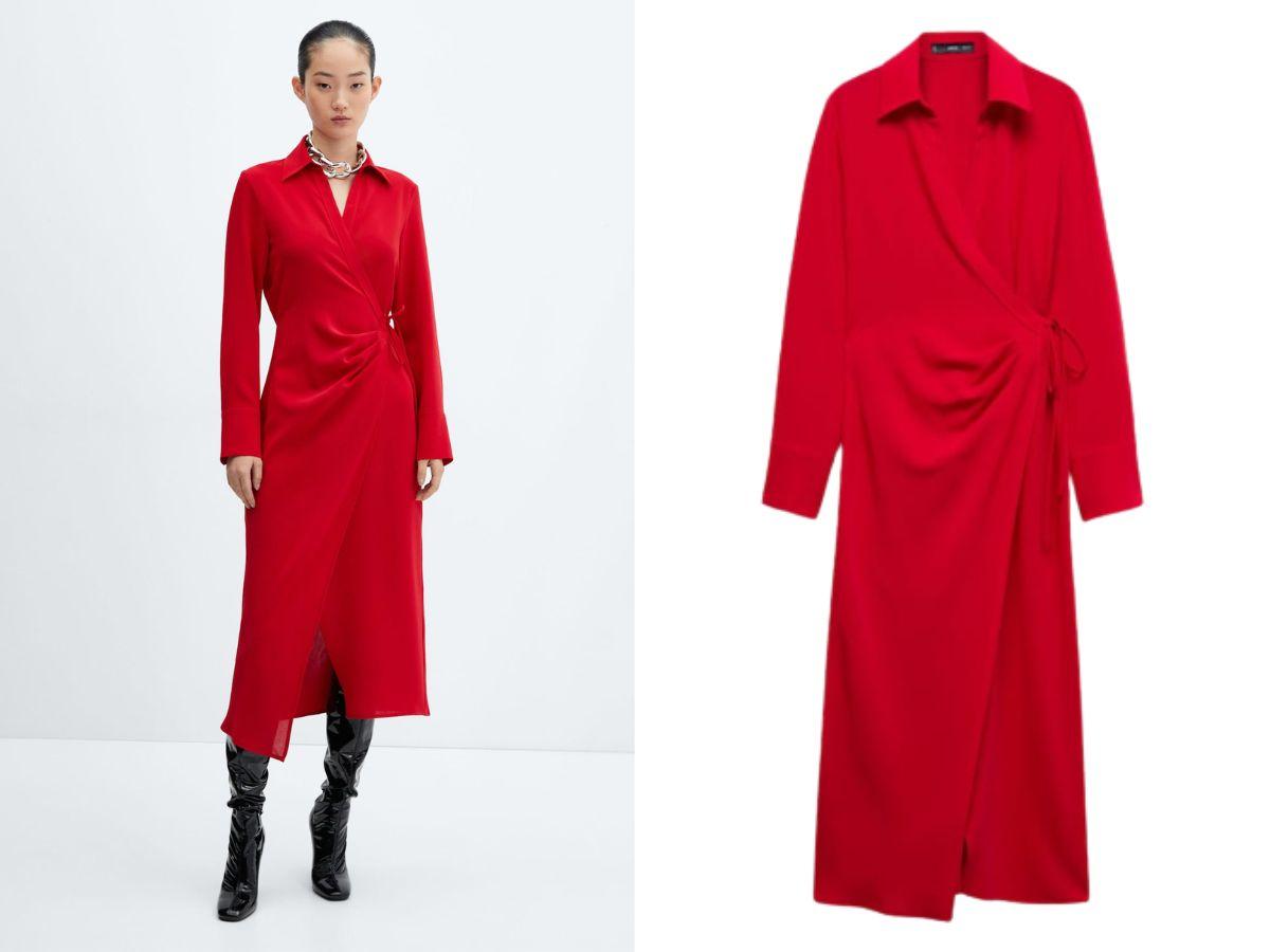 Sukienki jesienne do pracy: kopertowa, czerwona sukienka, MANGO
