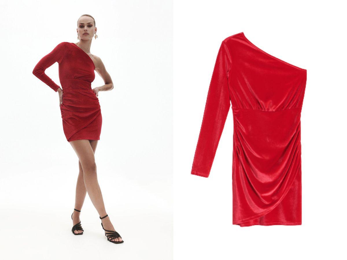 Sukienki na sylwestra 2022/2023: Aksamitna sukienka mini na jedno ramię Reserved