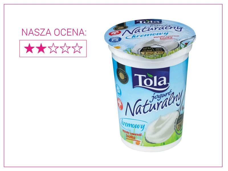 Jogurt naturalny Tola opakowanie i ocena 2 gwiazdki. Test jogurtów naturalnych.